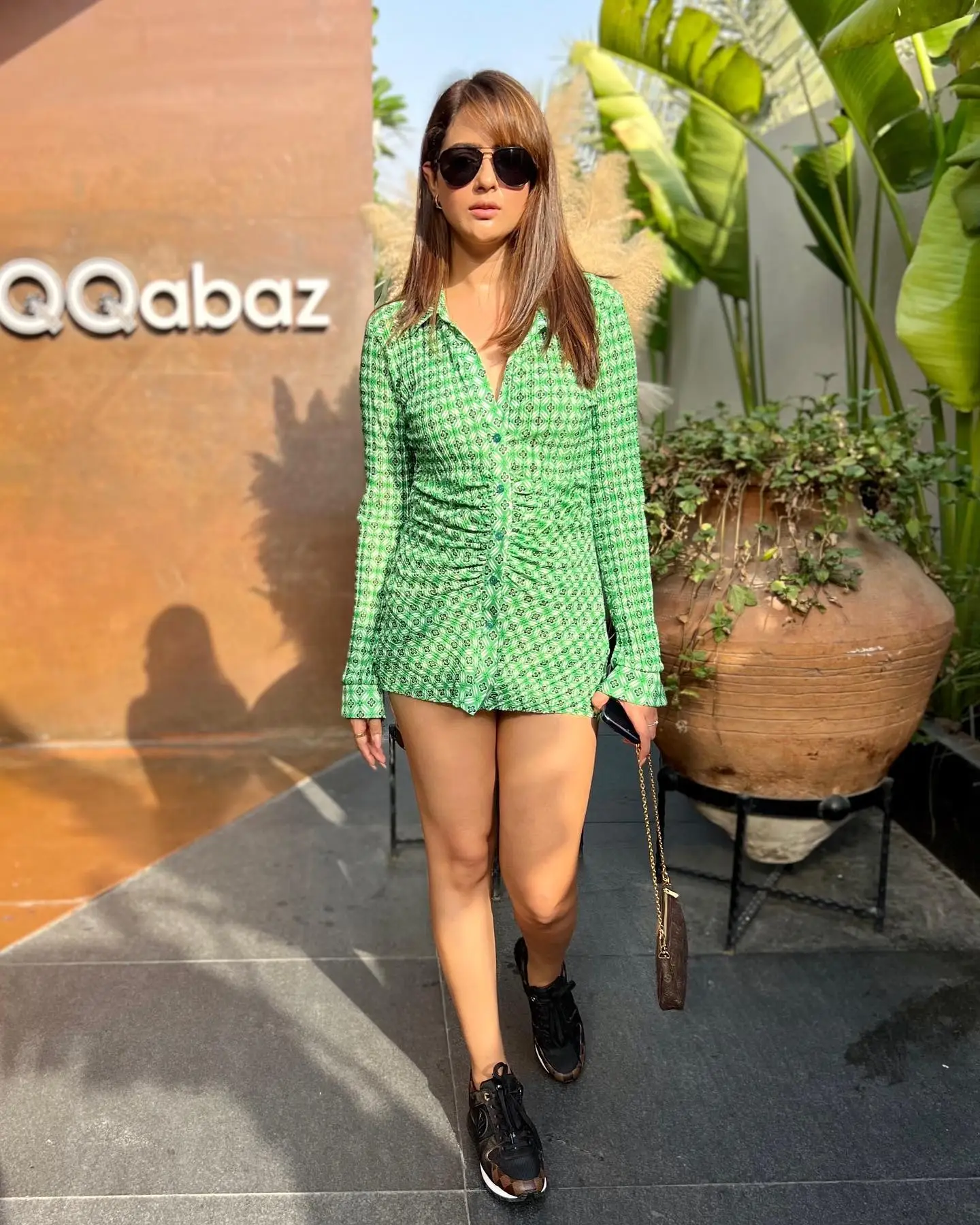 Malvi Malhotra Long Legs Show in Green Mini Skirt